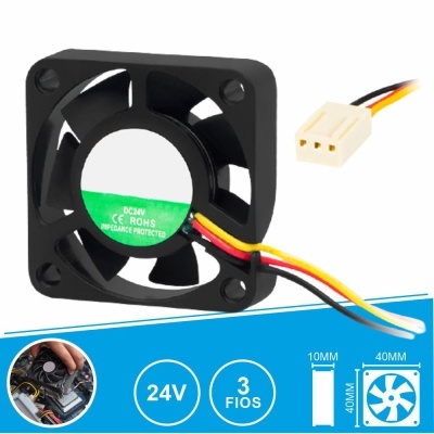Ventoinha de computador preta 40x40x10mm com fios amarelo, vermelho e preto e conector branco