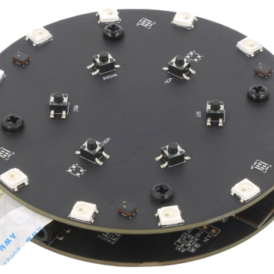 Placa eletrónica circular preta com LEDs e componentes