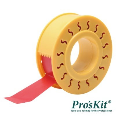 Rolo de fita adesiva vermelha com suporte amarelo com recortes em S