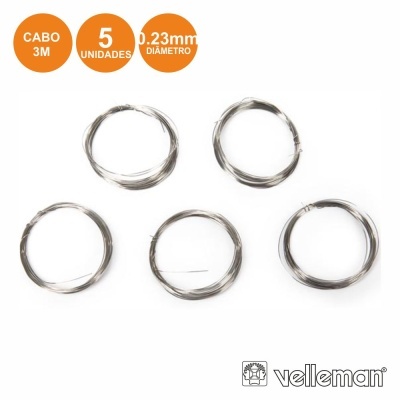 Cinco bobinas de fio metálico prateado com texto informativo em fundo branco