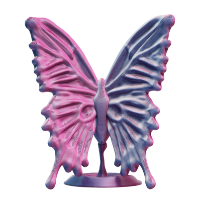 Escultura de borboleta rosa e azul com textura ondulada