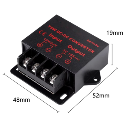 Conversor DC-DC preto com terminal de quatro parafusos e texto vermelho