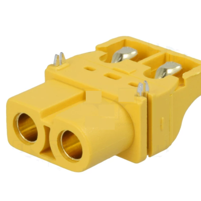 Conector elétrico XT60 amarelo com dois terminais metálicos