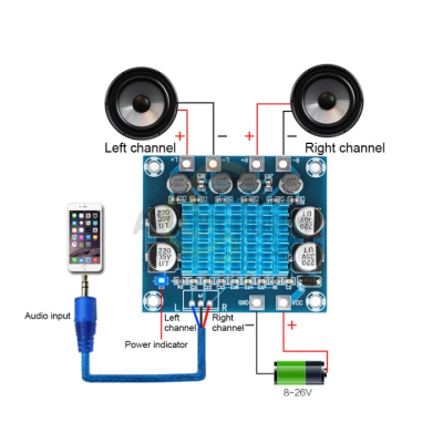 Placa eletrónica azul com dissipador térmico e conexões para áudio e energia.