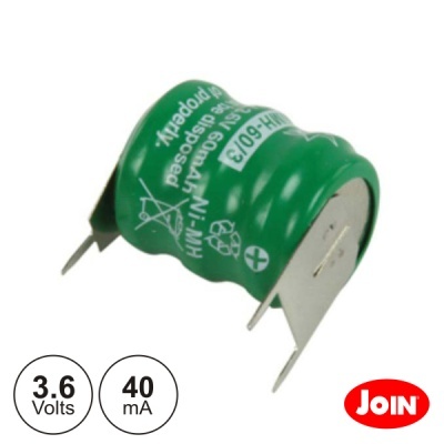 Bateria recarregável verde HR-6/013 Ni-MH 0.16Ah com terminais metálicos e texto branco.