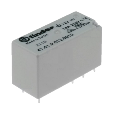 Relé Finder branco com texto preto e 8 terminais metálicos, fundo branco