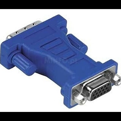 Adaptador VGA azul com conetores metálicos para ligação de dispositivos.