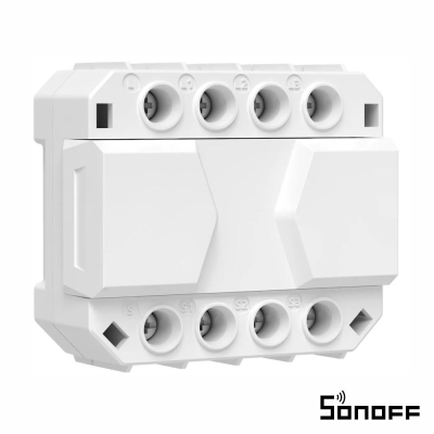 Interruptor inteligente branco da marca Sonoff com conexões