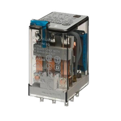 Relé eletromecânico transparente com base preta e texto impresso branco