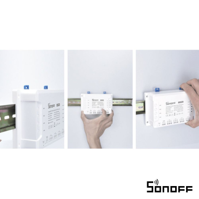 Dispositivo eletrónico branco Sonoff com conexões, instalado em trilho metálico verde sobre fundo branco.
