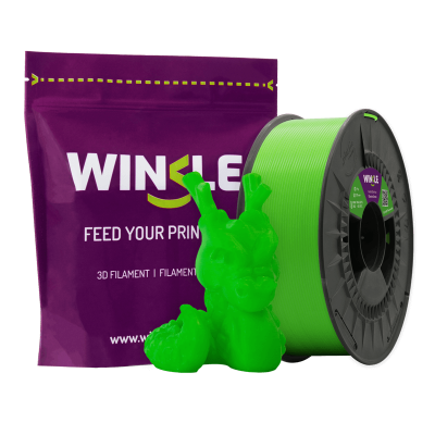 Carretel de filamento 3D verde fluorescente com embalagem roxa WINCLE e dragão verde impresso.