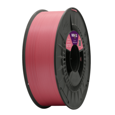 Rolo de filamento para impressão 3D cor rosa em bobina preta com etiqueta.