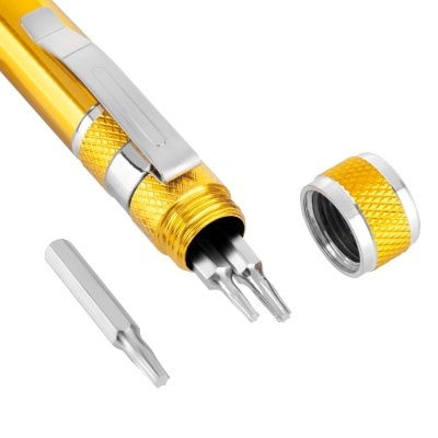 Conjunto de ferramentas multifunções amarelas com pontas removíveis em fundo branco