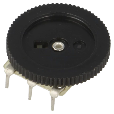 Potenciômetro rotativo preto com três terminais metálicos