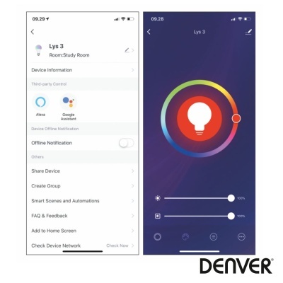 Interface de aplicação móvel para controlo de luz inteligente Lys 3 com ajustes de cor e brilho e logo DENVER.