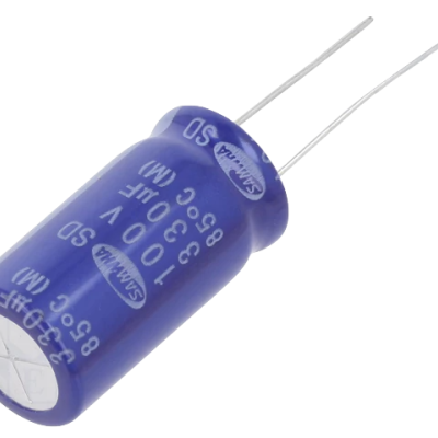 Condensador eletrolítico azul cilíndrico com marcações brancas
