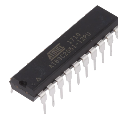 Microchip integrado preto com texto ATMEL e 20 pinos metálicos.