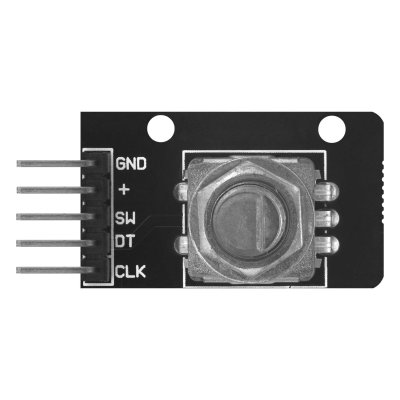 Placa eletrónica preta com botão rotativo metálico e pinos de ligação rotulados.