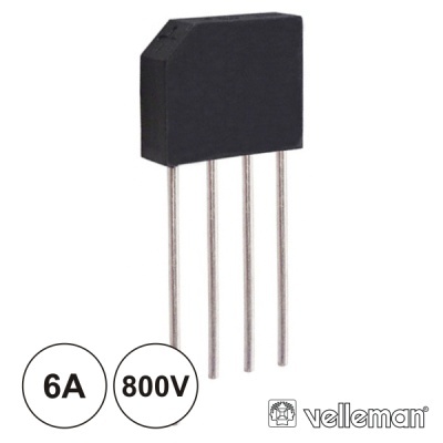 Componente eletrônico preto com quatro pinos metálicos e texto 6A 800V