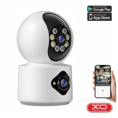 Câmara de segurança branca com lente preta e telemóvel com app XO