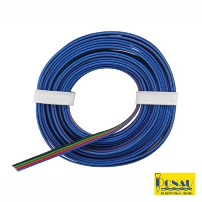 Carrete de cabo elétrico azul com fios coloridos e etiquetas da DONAU ELEKTRONIK GMBH