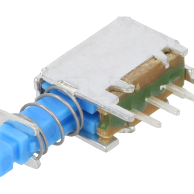 Interruptor tátil azul com mola metálica e pinos dourados