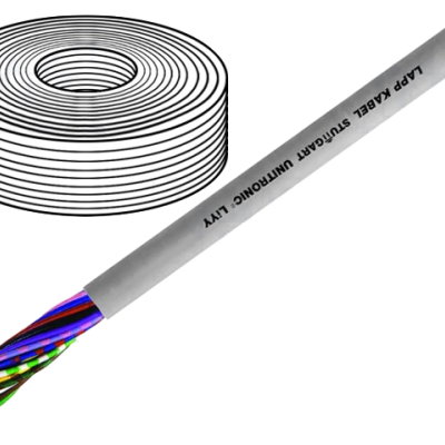 rolo de cabo elétrico branco com múltiplos condutores coloridos e texto preto no isolamento