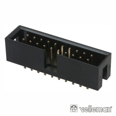 Conector elétrico preto com pinos metálicos dourados em duas filas