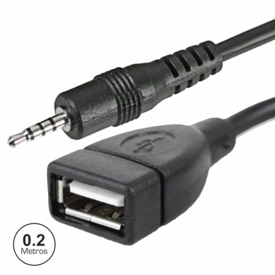Cabo adaptador preto com conector jack 3,5 mm macho e USB fêmea