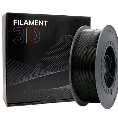 Bobina de filamento 3D preta com embalagem preta e texto FILAMENT 3D
