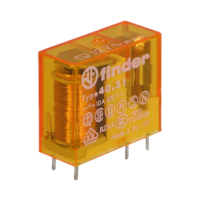 Relé Finder tipo 40.31 amarelo translúcido com pinos metálicos