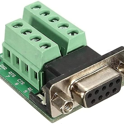 Placa eletrónica com conector DB9 fêmea e blocos terminais verdes