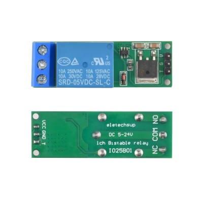 Placa de relé eletrónico verde e azul com texto branco e componentes vários