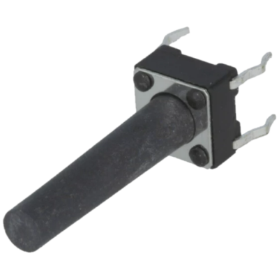 Botão tátil preto com terminais metálicos em fundo branco