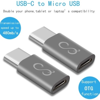 Dois adaptadores USB-C para Micro USB cinza com texto azul informativo em fundo branco.