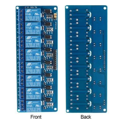 Placa eletrónica azul com oito relés e componentes eletrónicos, vista frontal e traseira