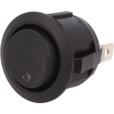 Interruptor redondo preto com botão pressionável e terminais metálicos