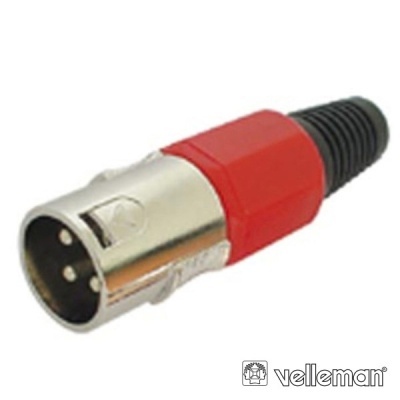 Conector XLR de 3 pinos com corpo metálico e cabo vermelho e preto