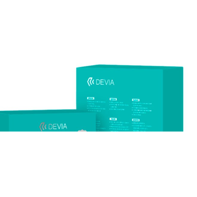 Caixa azul-turquesa com logotipo DEVIA