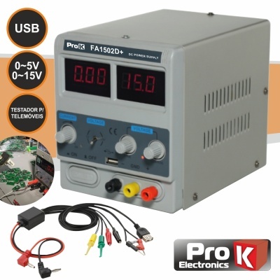 Fonte de alimentação DC ProK FA1502D+ com cabos coloridos e visor digital