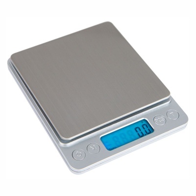 balança digital de cozinha em aço inoxidável com ecrã digital azul