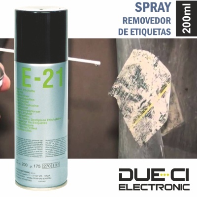 Spray removedor de etiquetas E-21 em lata metálica 200 ml com tampa preta e texto verde e preto