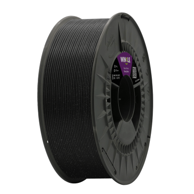 Rolo de filamento preto para impressão 3D com partículas brilhantes e etiqueta roxa