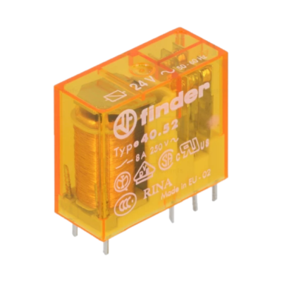 Relé amarelo transparente da marca Finder com pinos na base