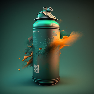 Lata de tinta spray verde-azulado com tinta laranja a sair