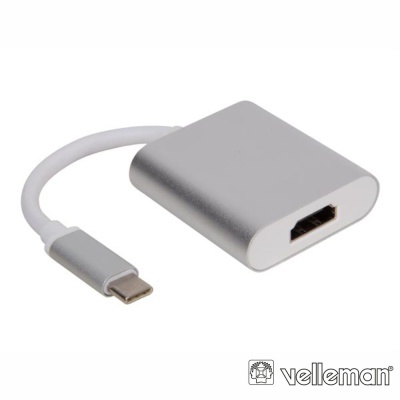 Adaptador USB-C para HDMI prateado com cabo branco e logótipo Velleman