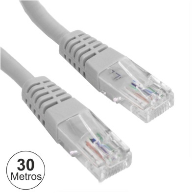 Cabo de rede Ethernet cinzento com conectores RJ45 transparentes e indicação de comprimento 30 metros.