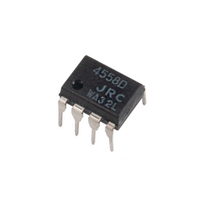 Chip eletrónico preto com oito pinos e texto impresso