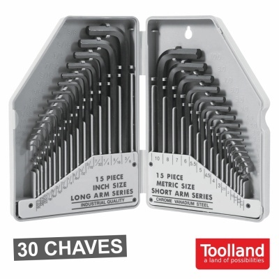 Conjunto de 30 chaves Allen em caixa cinza e preta com textos e marca Toolland