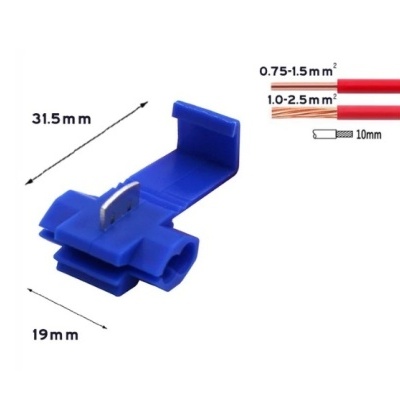 Conector elétrico azul com dimensões e especificações de cabos